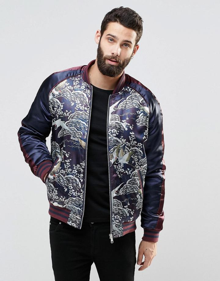 Asos Bomber Jacket With Oriental Print - Burgundy