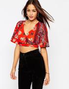 Asos Wrap Front Obi Top Chinoiserie Print - Red