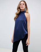Asos Design High Neck Halter Satin Top - Navy