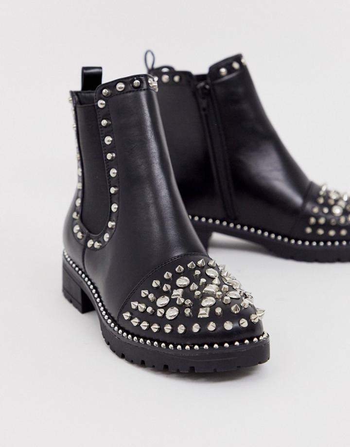 Truffle Collection Studded Flat Ankle Boots In Black