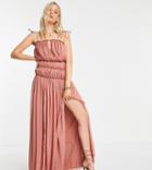 Asos Design Tall Strappy Maxi Dress With Ruched Channel Detail And Tie Straps In Rose-pink