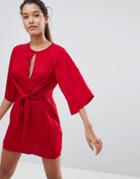 Missguided Round Neck Tie Front Dress - Red