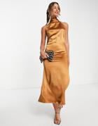 Pretty Lavish Halter Neck Tie Satin Midi Dress In Matte Brown