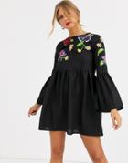 Asos Design Fluted Sleeve Embroidered Smock Mini Dress - Black