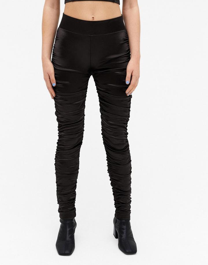 Monki Crystal Ruched Detail High Shine Leggings In Black