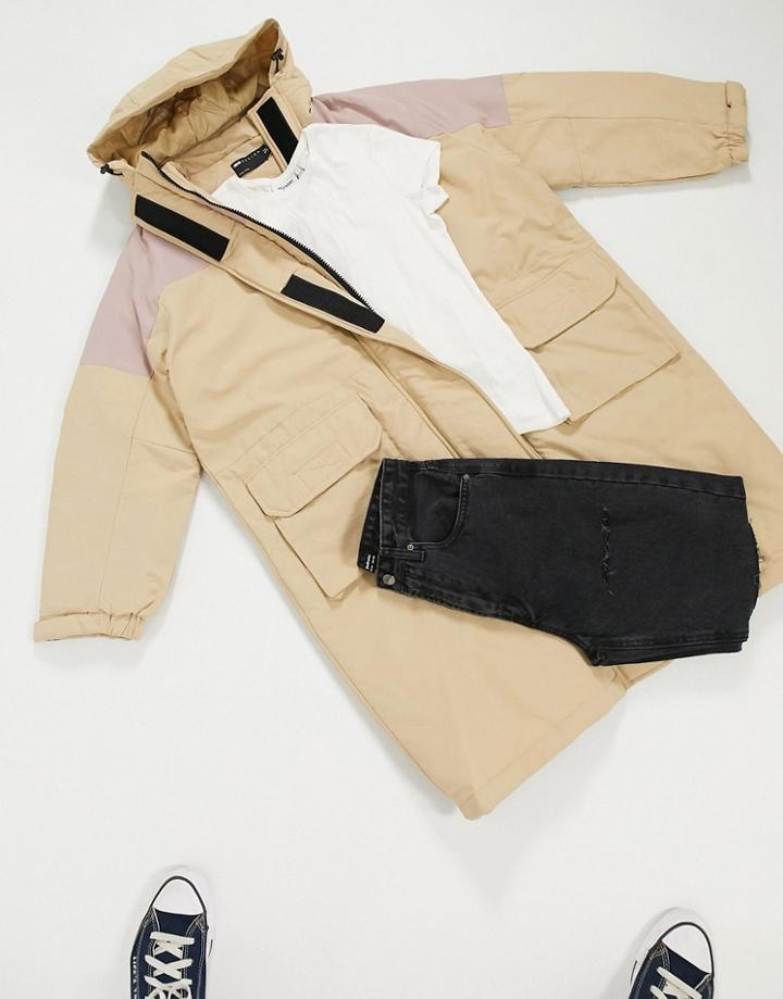 Asos Design Color Block Parka In Stone-neutral