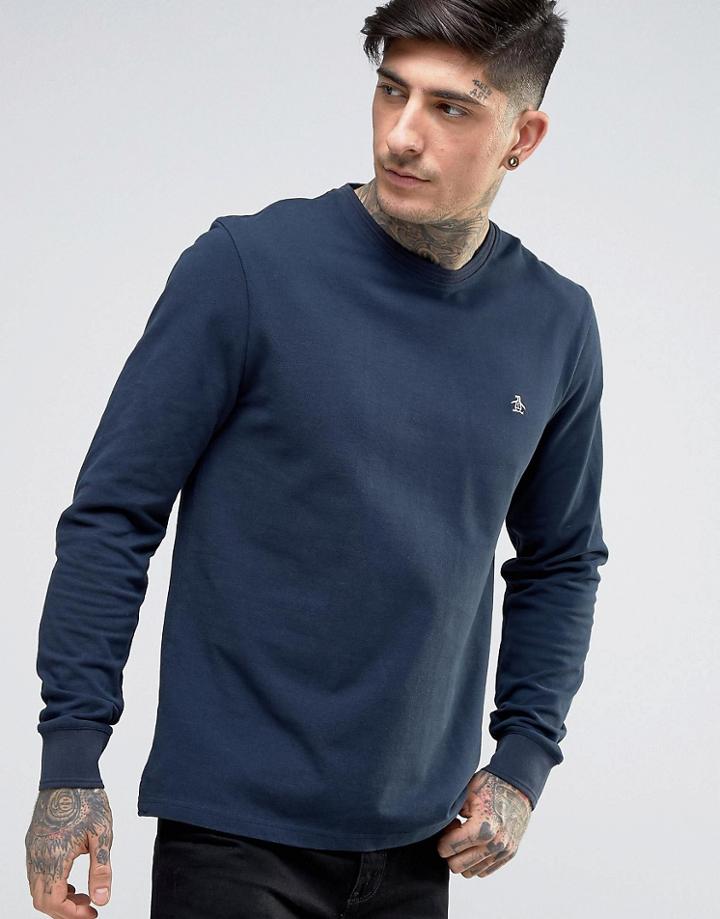 Original Penguin Long Sleeve Top Pique Slim Fit In Navy - Navy