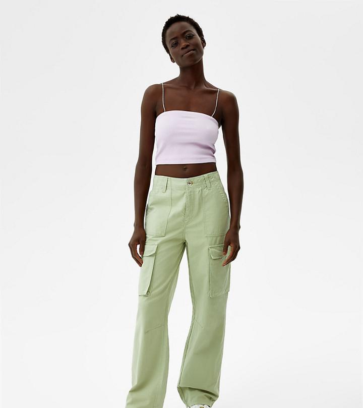 Bershka Pocket Detail Chino Cargo Pants In Khaki-green