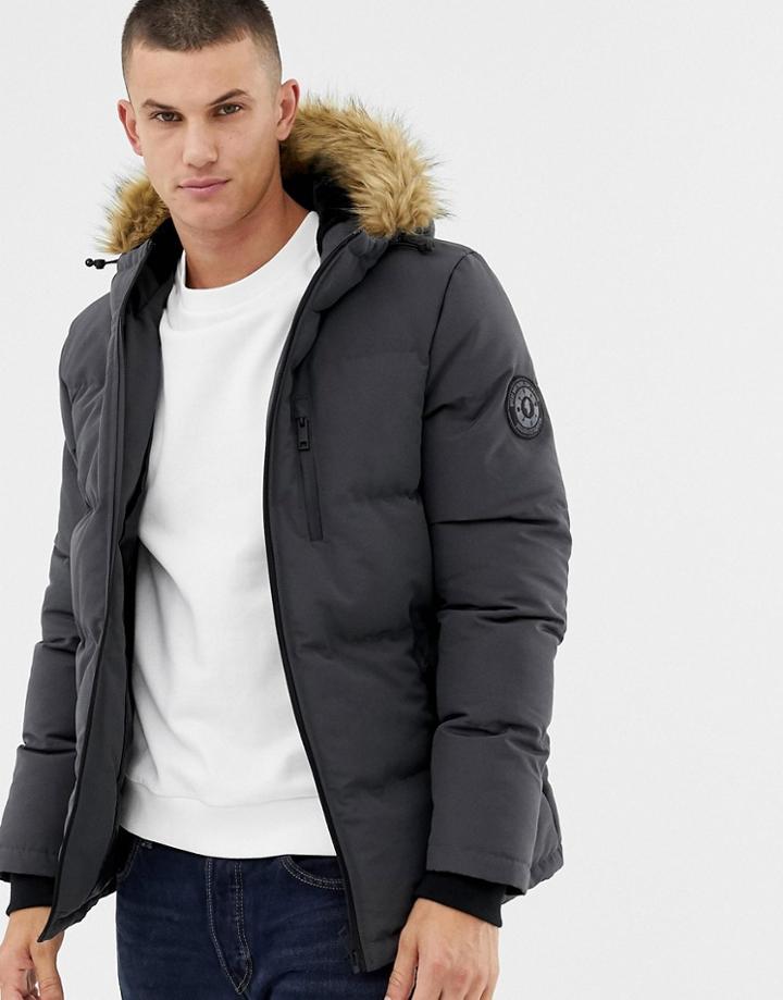 Brave Soul Premium Zip Through Faux Fur Hooded Parka-gray