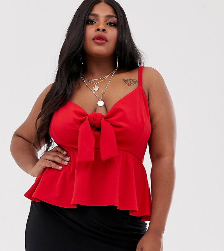 Koco & K Plus Knot Front Cami Swing Top In Red - Red