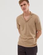 Asos Design Knitted Revere Polo T-shirt In Tan - Tan