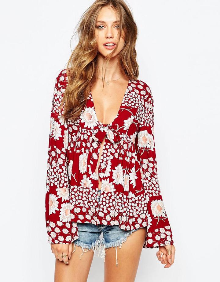 Somedays Lovin Daisy Drew Blouse With Tie Up - Red Print