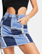 The Ragged Priest Coordinating Denim Mini Skirt In Patchwork Check-blues