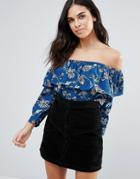 Influence Floral Off Shoulder Ruffle Top - Blue