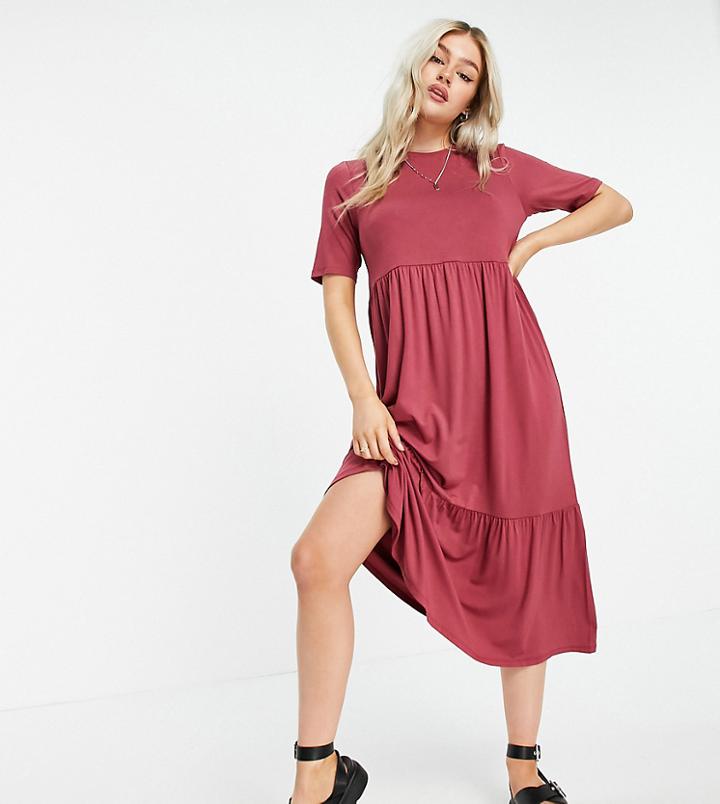 Asos Design Petite Tiered Smock T-shirt Midi Dress In Red