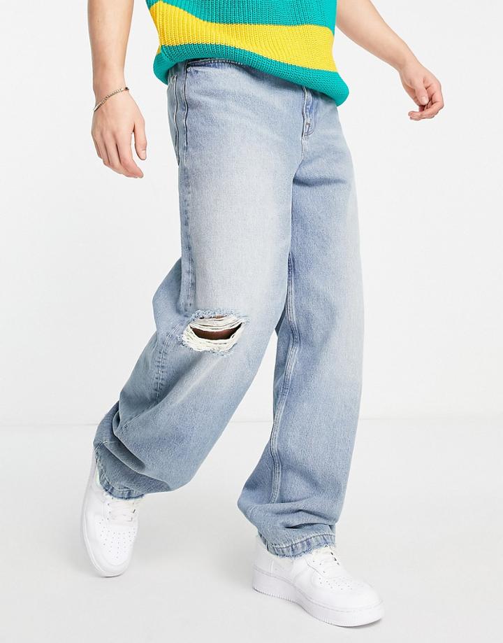Asos Design Loose Jeans In Light Wash Blue With Rip Detail