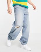 Asos Design Loose Jeans In Light Wash Blue With Rip Detail