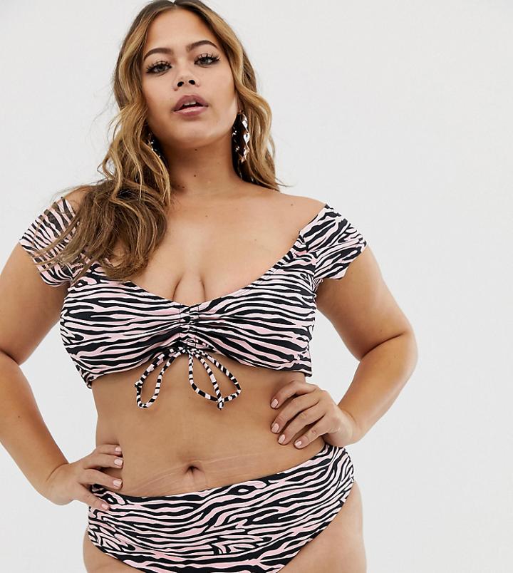 Boohoo Plus Exclusive Bikini Top With Ruched Detail In Pink Animal Print - Multi