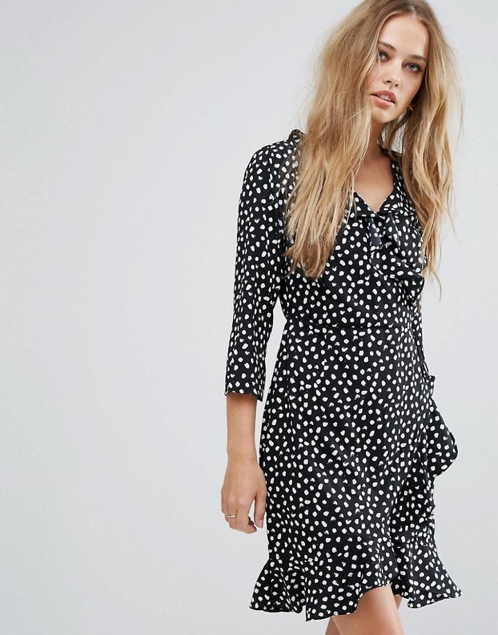 Vero Moda Printed Wrap Dress With Frill Detail - Blue