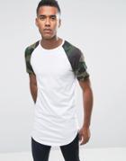 Jack & Jones Longline T-shirt With Camo Raglan Sleeves And Curved Hem