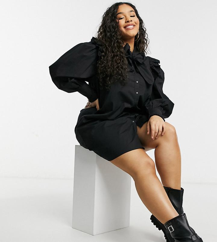 Influence Plus Bow Neck Smock Dress With Eyelet Detail In Black