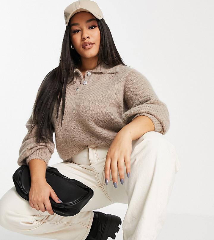 Vero Moda Curve Collared Sweater With Volume Sleeve In Stone-neutral