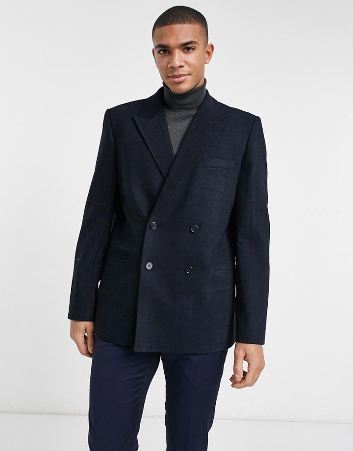 Asos Design Oversized Double Breasted Suit Jacket In Twill Windowpane Plaid In Navy