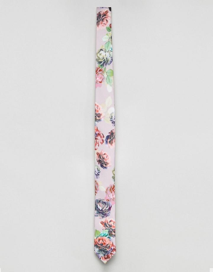 Asos Wedding Slim Tie In Floral Print - Pink