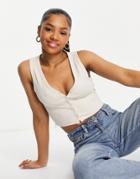 Miss Selfridge Plain Sleeveless Ribbed Button Through Tank Top In Oatmeal-neutral