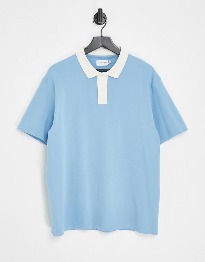 Topman Oversized Polo With Contrast Placket In Blue