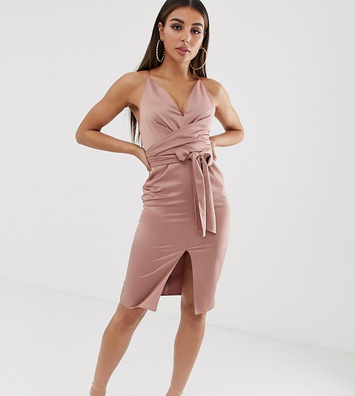 Asos Design Cami Midi Dress With Wrap Waist In Satin - Pink