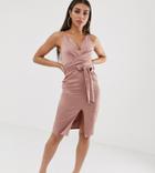 Asos Design Cami Midi Dress With Wrap Waist In Satin - Pink