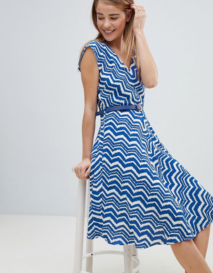 Louche Zig Zag Print Belted Skater Dress - Blue