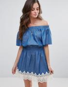 Liquorish Denim Bardot Dress - Blue