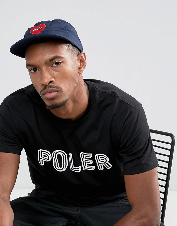 Poler Unconstructed 6 Panel Nylon Cap With Furry Heart Logo - Navy