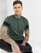 Asos Design T-shirt With Contrast Sleeve Stripes In Khaki