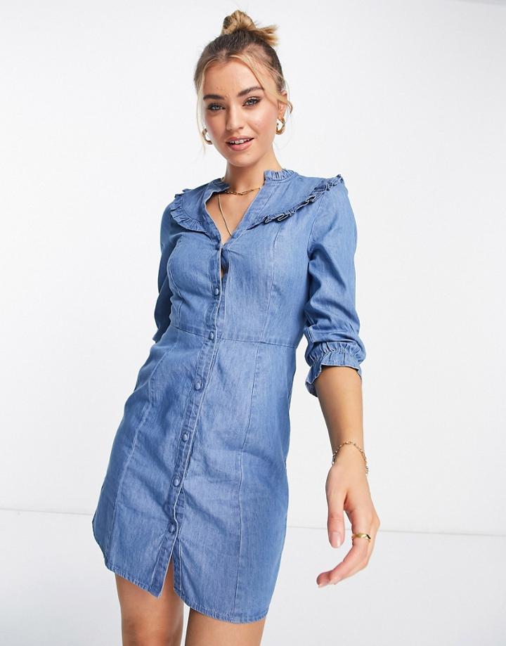 Lipsy Chambray Ruffle Denim Dress In Blue
