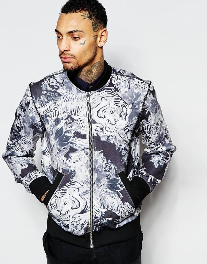 Diesel Bomber Jacket S-joe-zips-ad Bonded All Over Tiger Floral Print In Black - Black