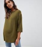 Asos Design Maternity Top With 3/4 Sleeves In Drapey Fabric In Khaki - Green