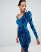 Club L One Shoulder Crushed Velvet Wrap Front Dress - Blue