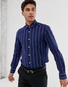 Moss London Skinny Fit Shirt With Linen Mix Stripe In Navy - Blue