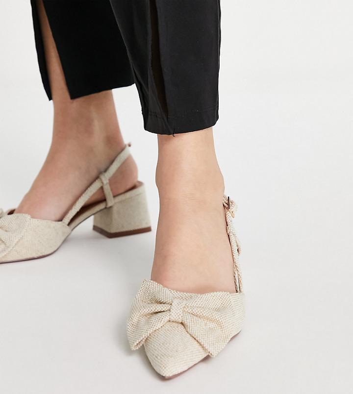 Asos Design Wide Fit Suzy Bow Slingback Mid Heeled Shoes In Natural-neutral