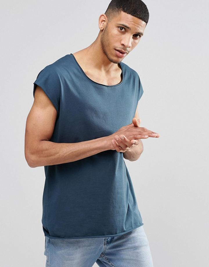 Asos Oversized Sleeveless T-shirt With Raw Scoop Neck In Blue - Cadet Blue
