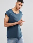 Asos Oversized Sleeveless T-shirt With Raw Scoop Neck In Blue - Cadet Blue
