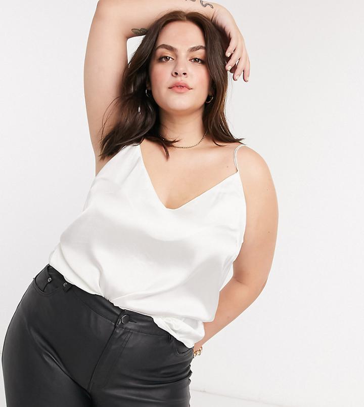Asos Design Curve V Neck Satin Cami In Ivory-white