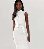 Asos Design Tall Minimal Belted Midi Dress With Ring Detail - White