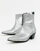 Asos Design Stacked Heel Western Chelsea Boots In Silver Leather - Silver