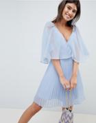 Asos Design Mini Dress With Pleat Skirt And Flutter Sleeve - Multi