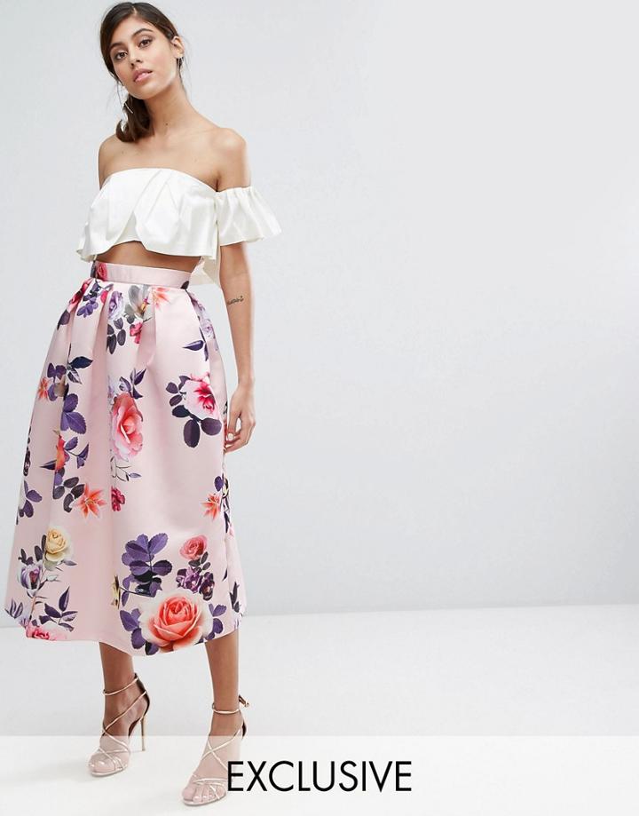Closet London Satin Midi Skirt In Occasion Print - Multi
