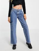 Asos Design Cotton Blend Low Rise 'cargo' Jean In Mid Wash Blue - Lblue